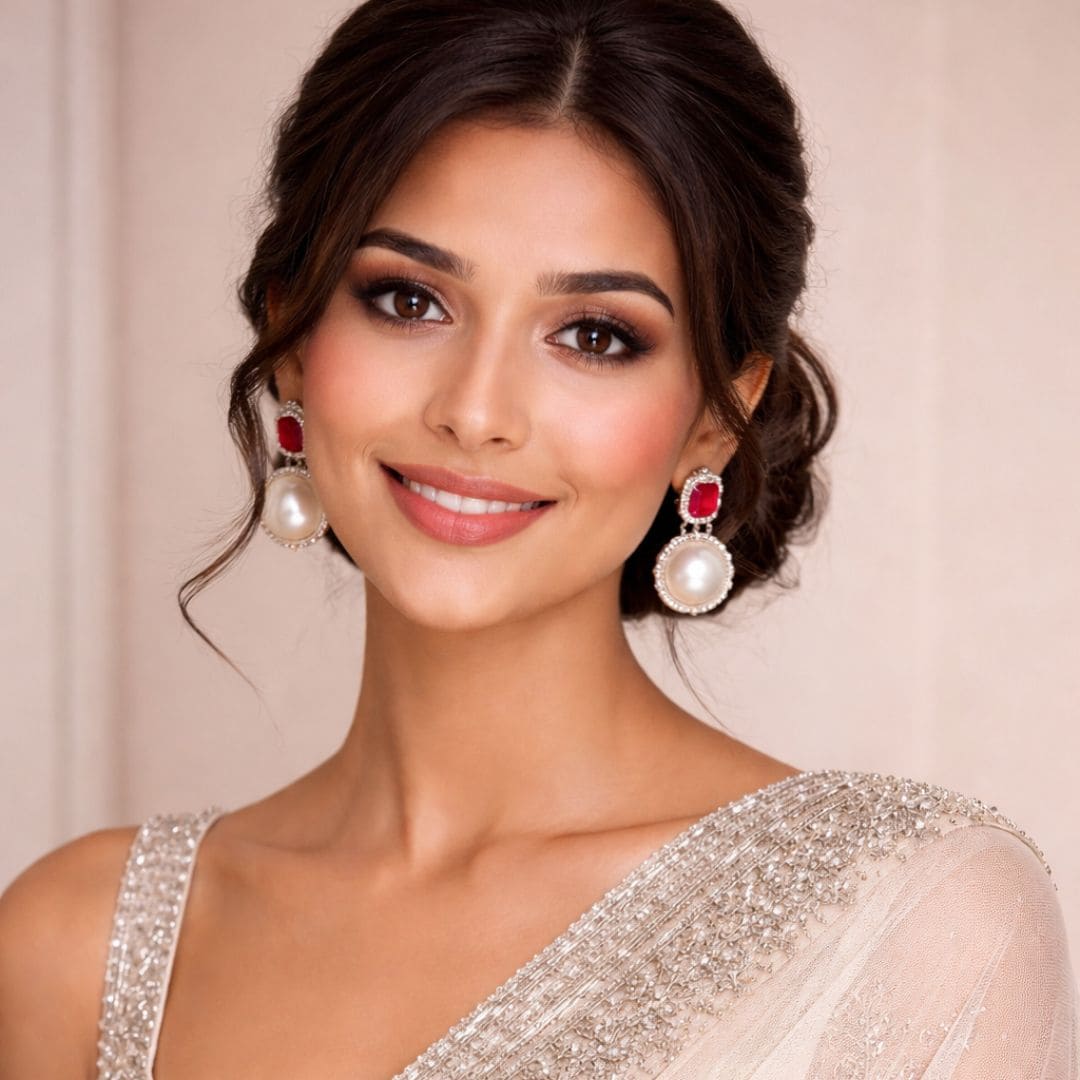 Model wearing red gemstone and pearl drop earrings in elegant bridal style