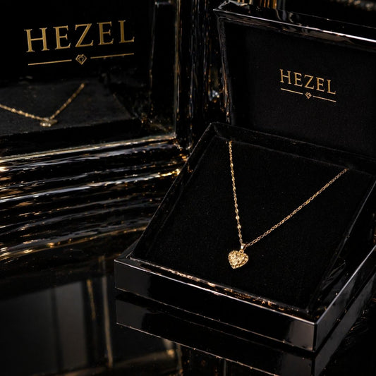 HEZEL gold heart pendant necklace in luxury black box packaging, elegant minimal jewellery gift for women, perfect for wedding and special occasions.
