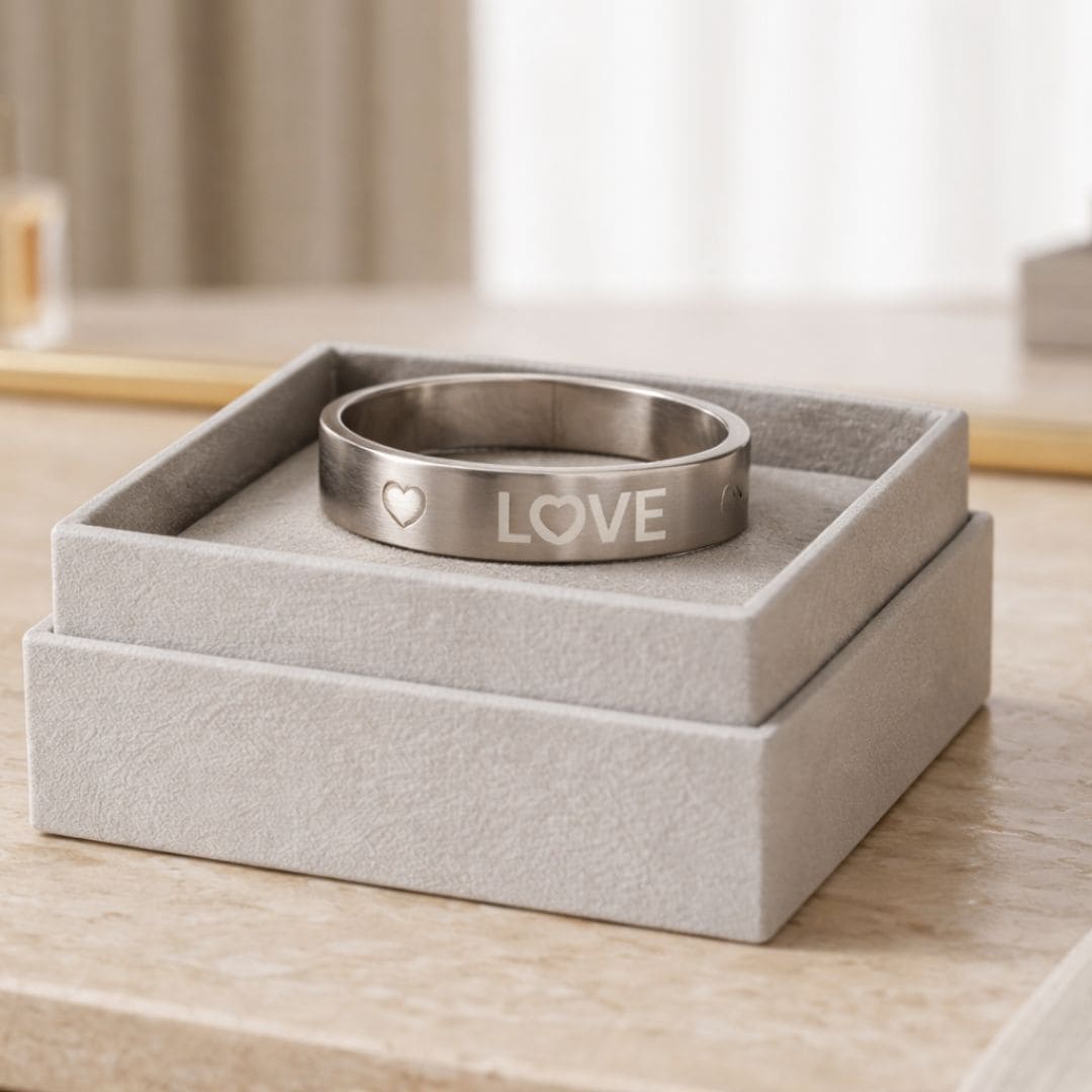 Minimalist silver LOVE engraved ring displayed on a soft-textured luxury jewelry box with a clean, elegant aesthetic
