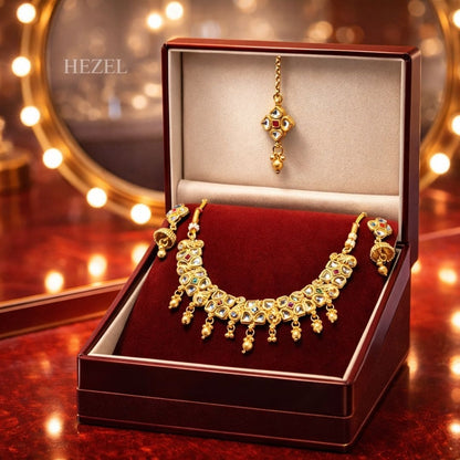 Traditional Gold-Tone Kundan Necklace Set With Earrings & Maang Tikka