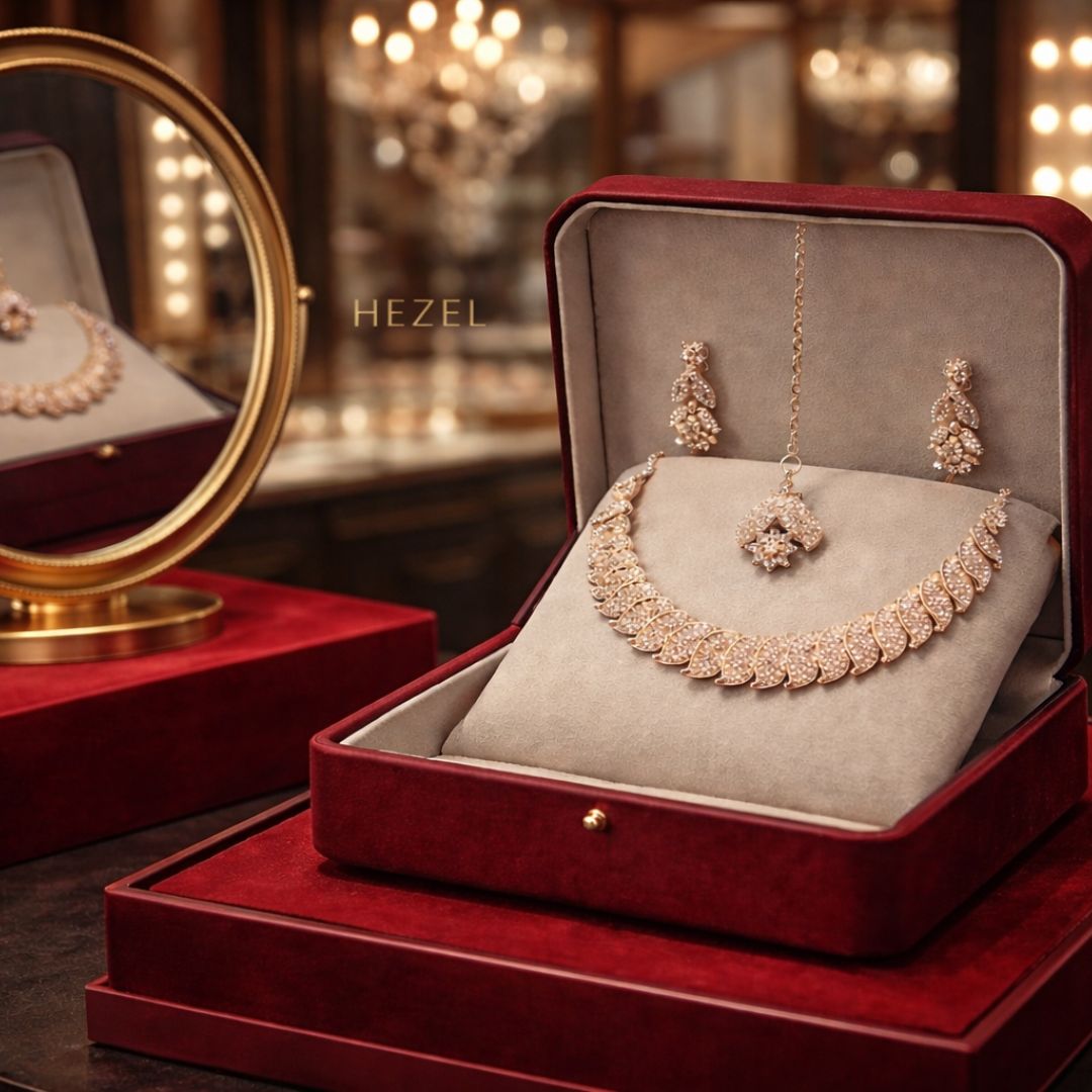 Rose Gold-Tone Leaf Motif Crystal Necklace Set With Maang Tikka & Earrings