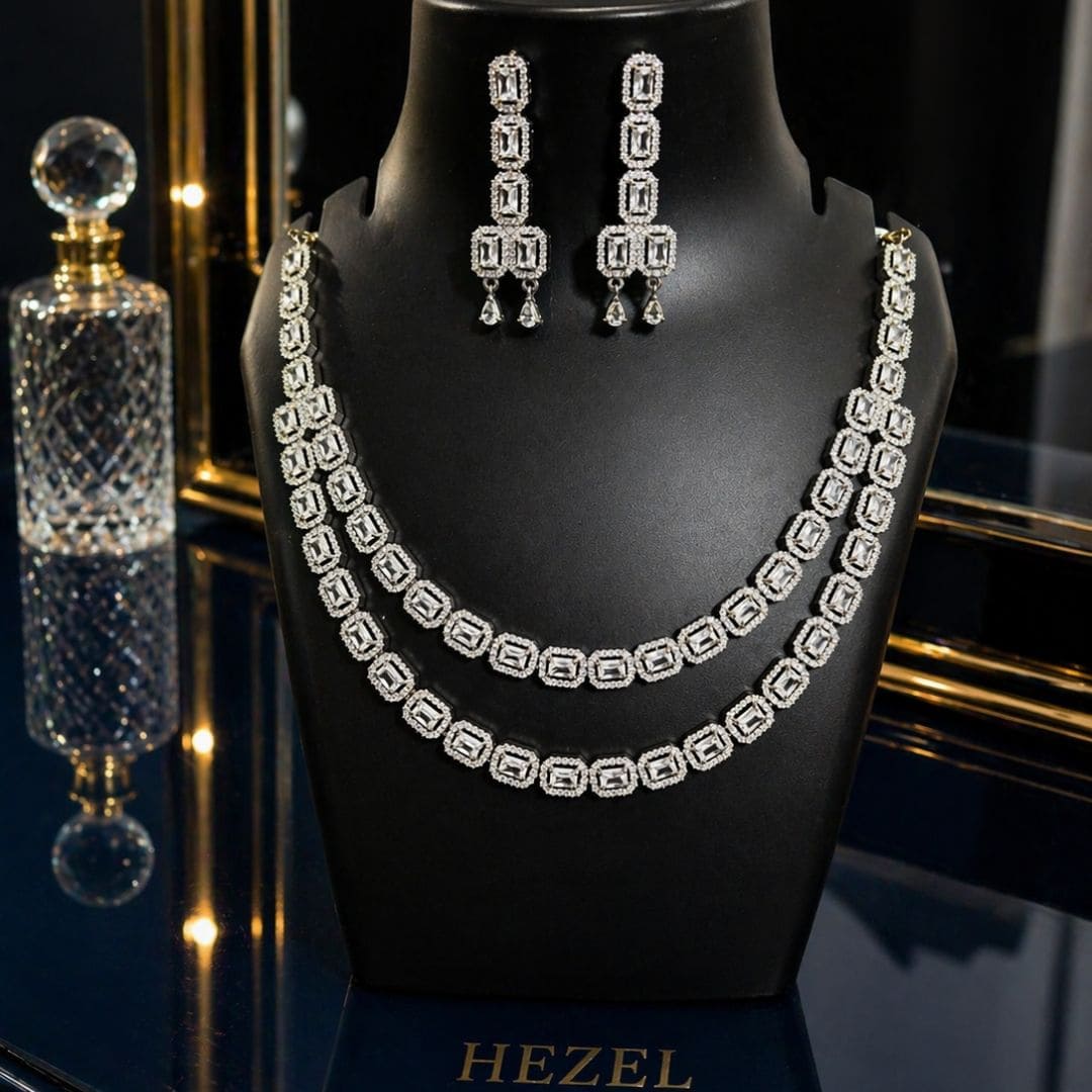HEZEL silver diamond necklace set with matching earrings displayed on elegant