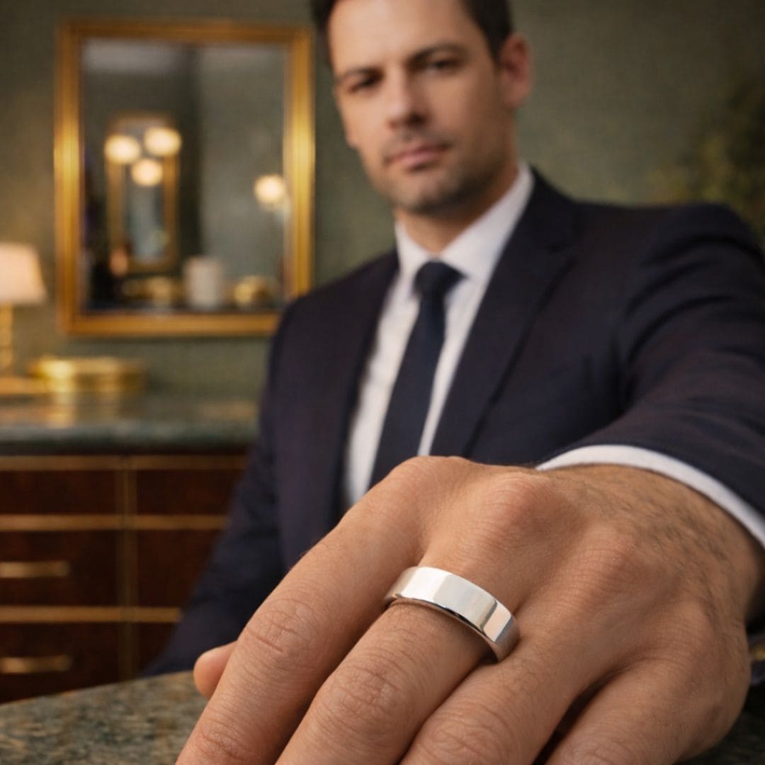 Close-up of a man wearing a sleek silver band ring, showcasing a minimal and elegant HEZEL design.