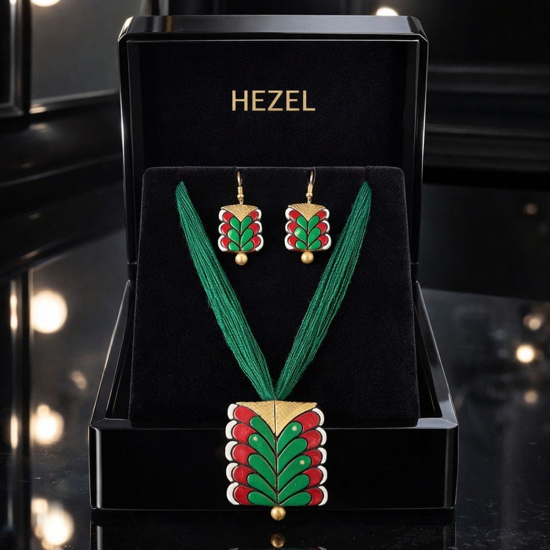 HEZEL handcrafted necklace and earring set with green and red enamel design displayed in premium black jewelry box