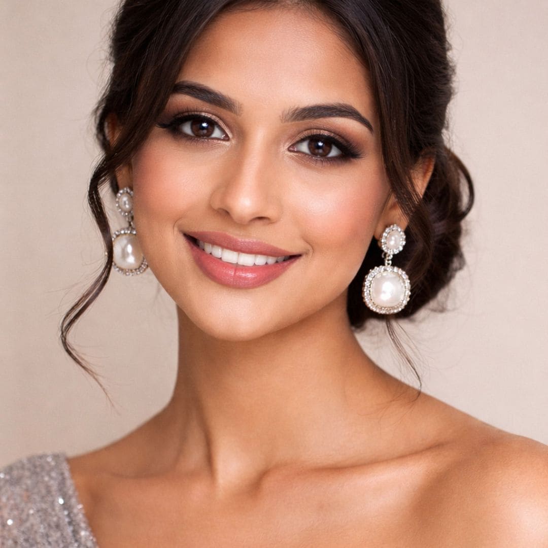 Hezel premium pearl halo drop earrings elegantly worn by model in refined bridal-inspired look