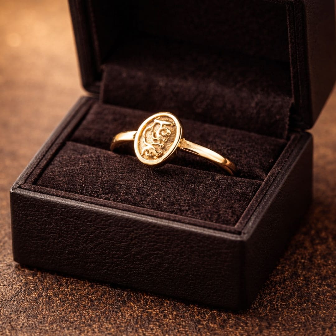 Hezel gold oval filigree ring elegantly presented in a black velvet jewelry box with warm luxury lighting