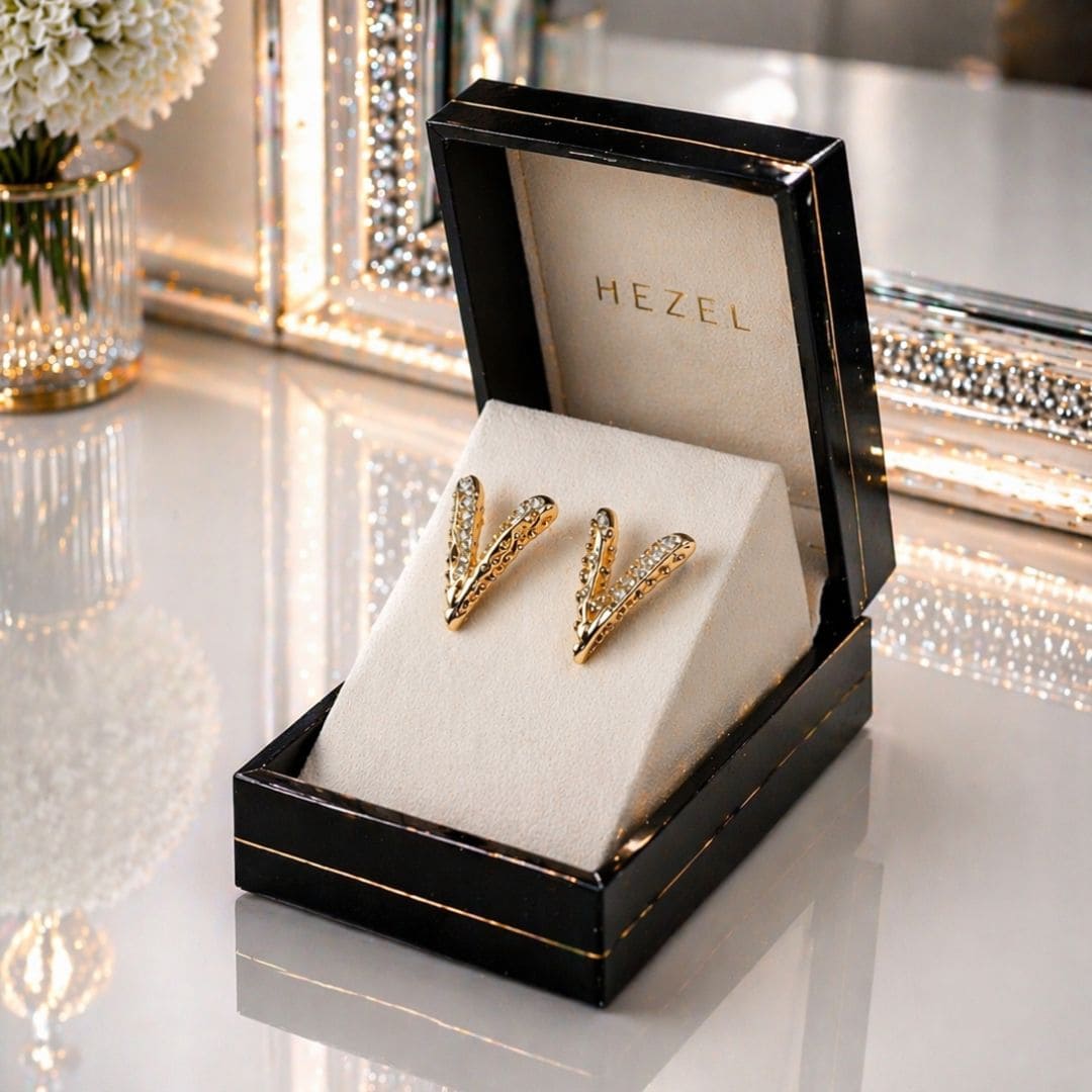 HEZEL luxury gold earrings in premium black jewelry box with elegant velvet display and mirror background