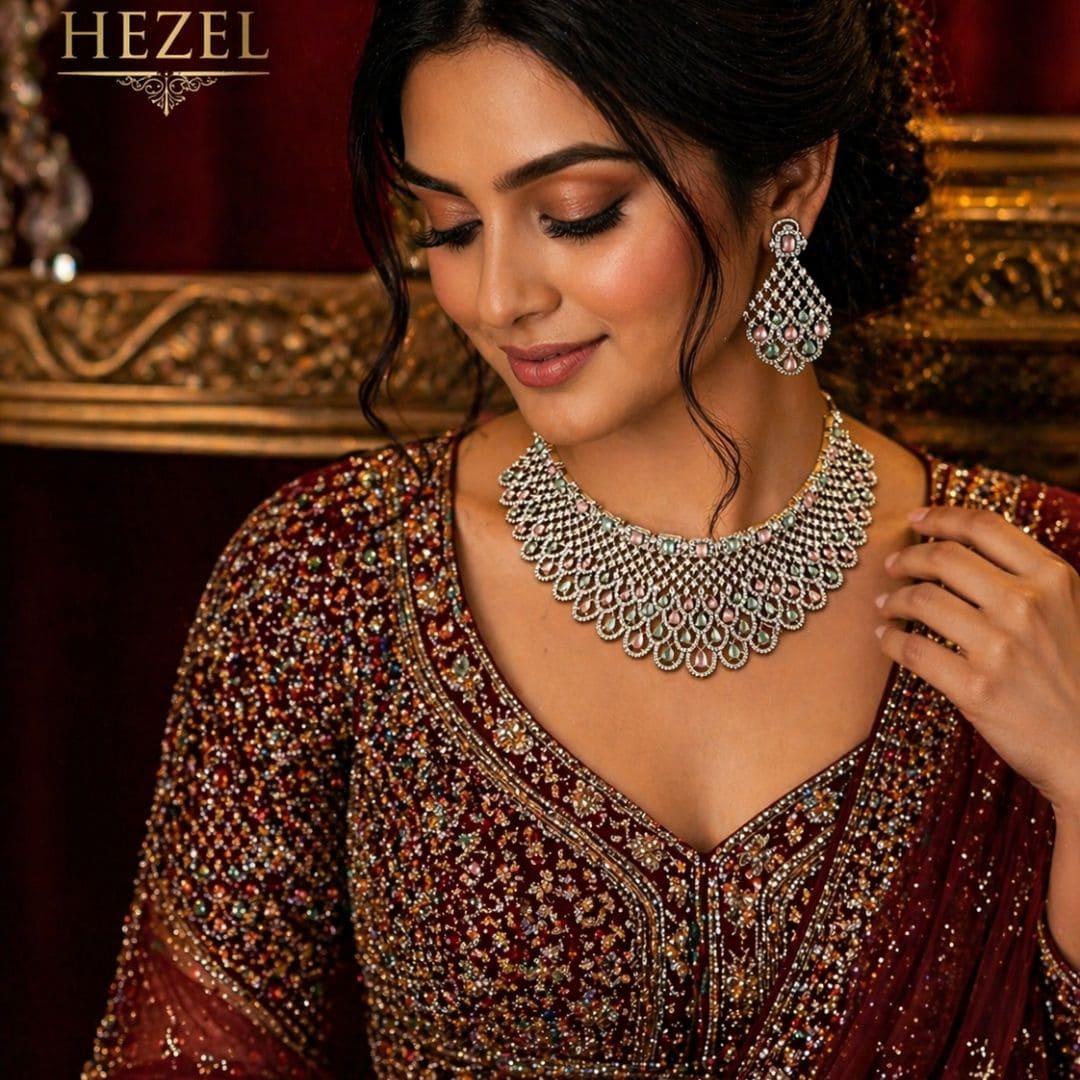 Hezel statement necklace set with pastel stones and matching chandelier earrings, worn by a model in a rich traditional outfit with a luxurious background.