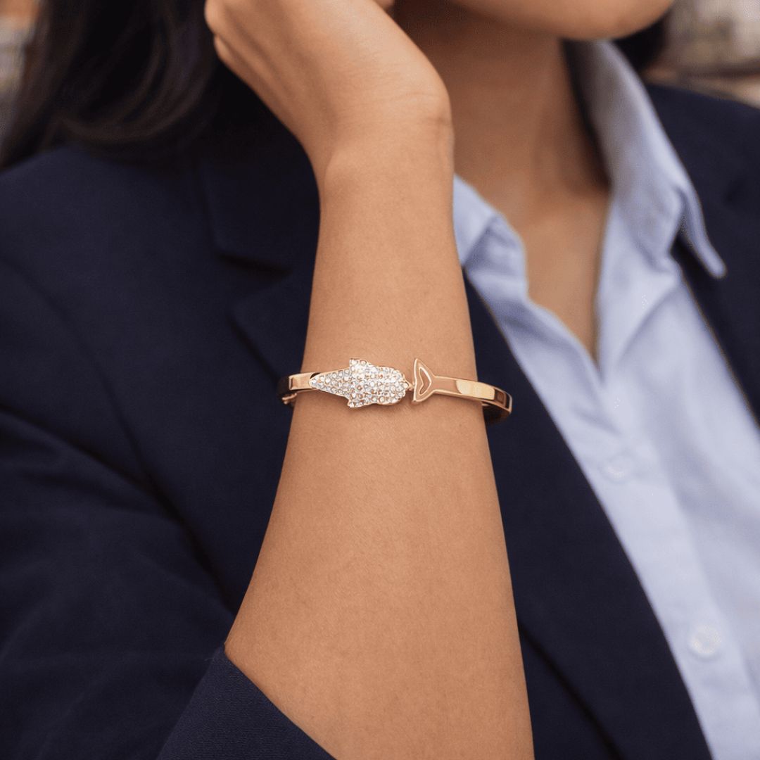 Crystal Leaf Gold-Tone Open Cuff Bracelet