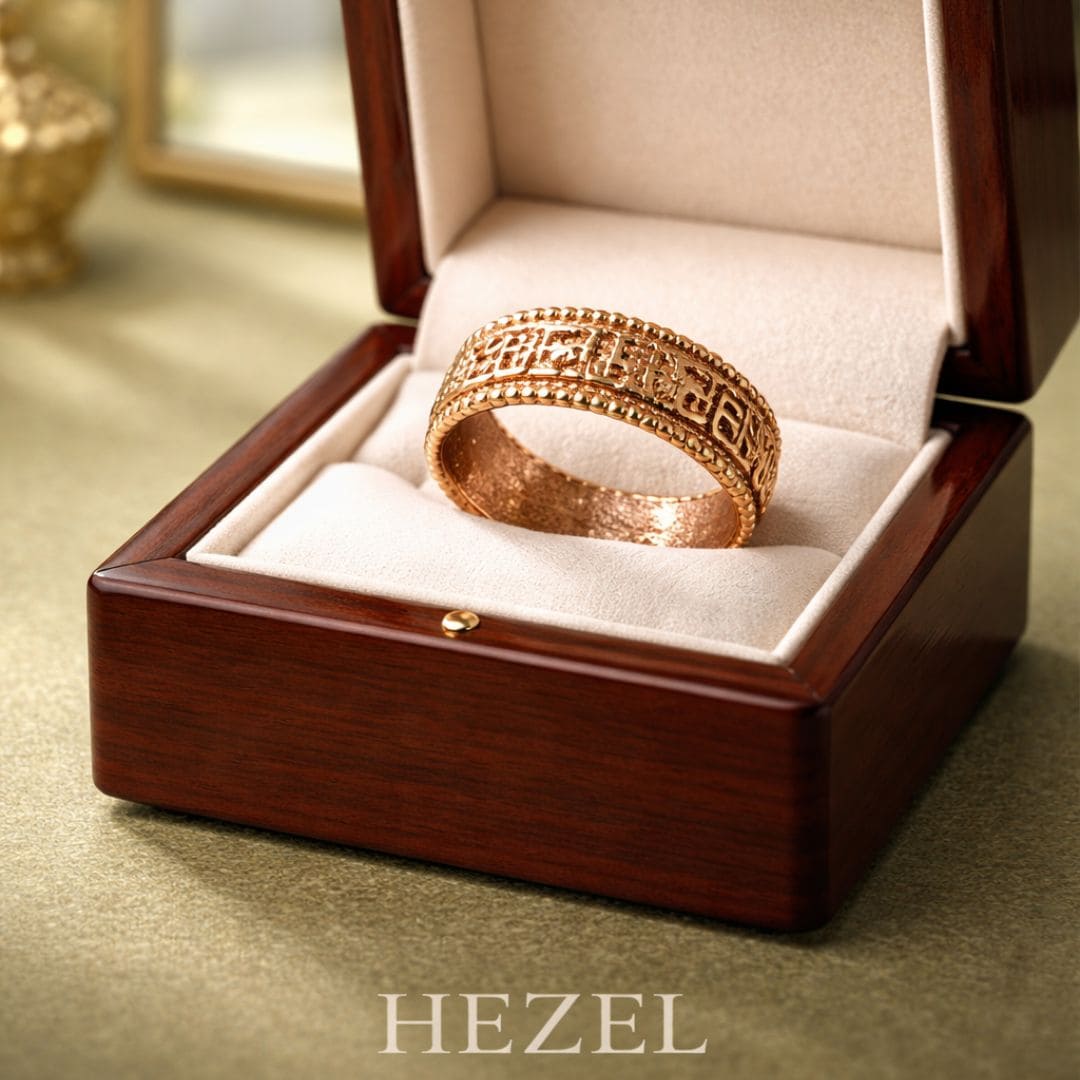 HEZEL rose gold textured band ring with intricate geometric engraving displayed in premium wooden jewelry box