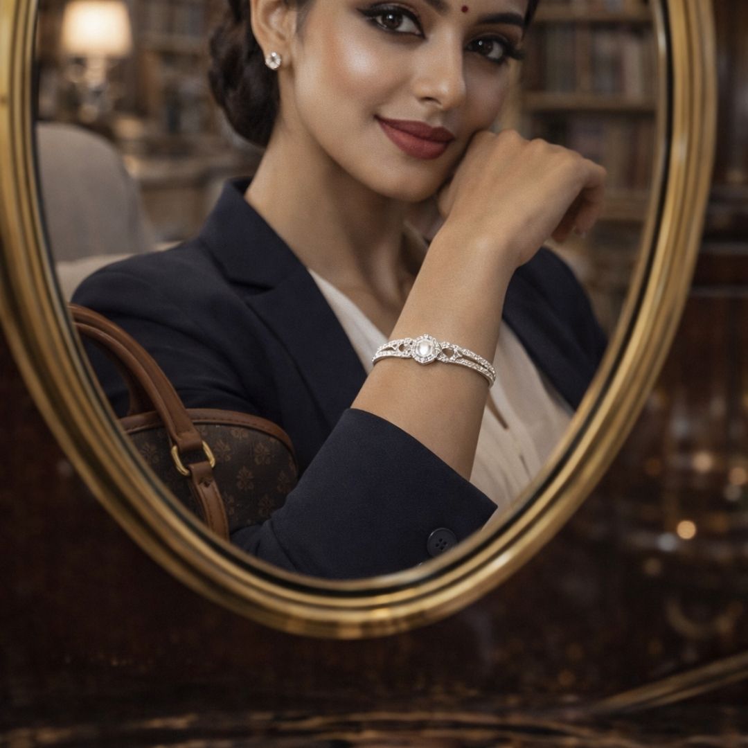 Elegant woman wearing a premium silver bracelet with sophisticated luxury styling and warm ambient lighting for Hezel Jewellery.