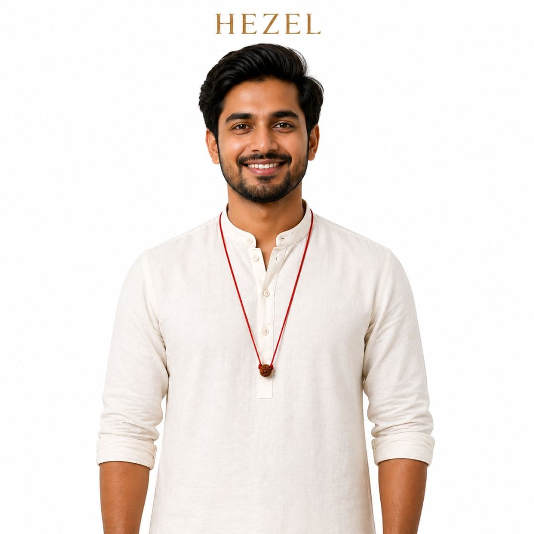 HEZEL rudraksha pendant necklace presented in elegant beige jewelry gift box