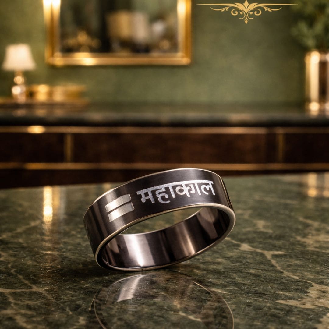 HEZEL black and silver band ring with Mahakal Hindi engraving on marble surface in premium luxury settingbox
