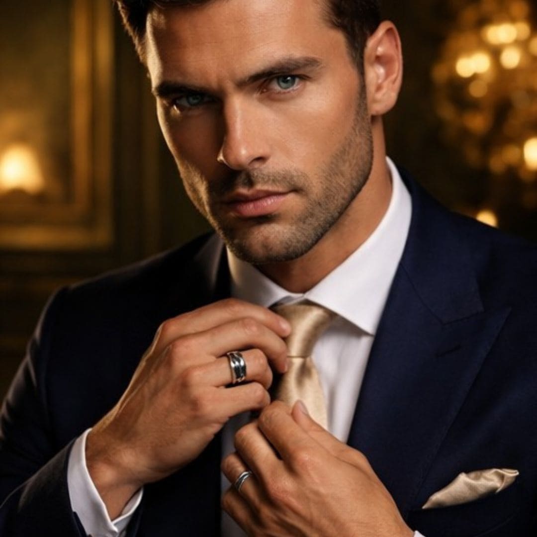 HEZEL silver band ring with textured center stripe worn by male model adjusting tie in formal suit with luxury background