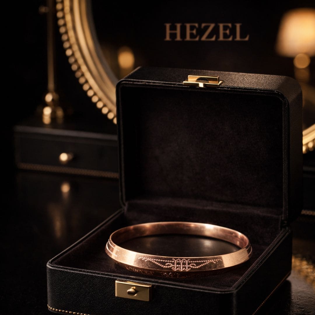 Elegant gold bangle displayed inside a premium black jewelry box with warm lighting and HEZEL branding in the background.