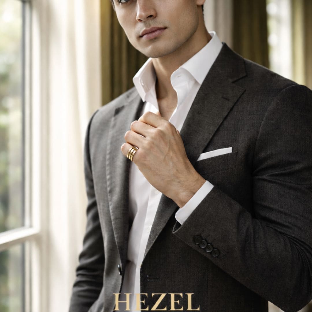 HEZEL gold band ring with multi-groove design worn by male model in formal suit with natural light setting