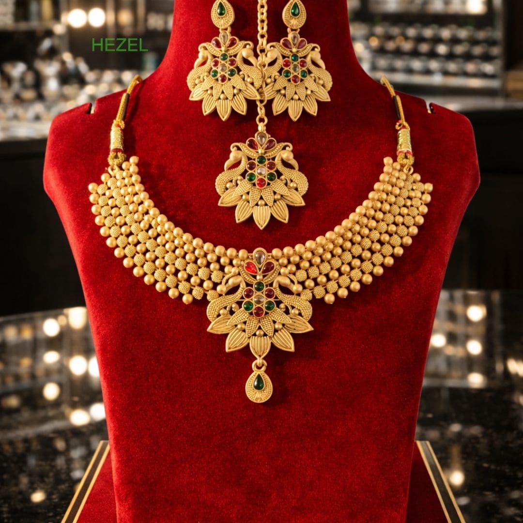 HEZEL gold-tone beaded necklace set with floral motifs, matching earrings, and maang tikka on a premium red display