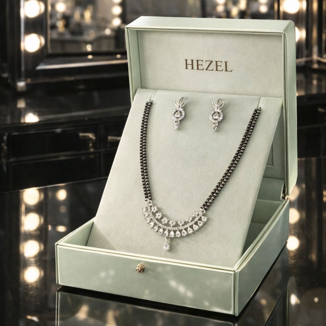 HEZEL elegant black bead mangalsutra set with sparkling pendant and matching earrings for women