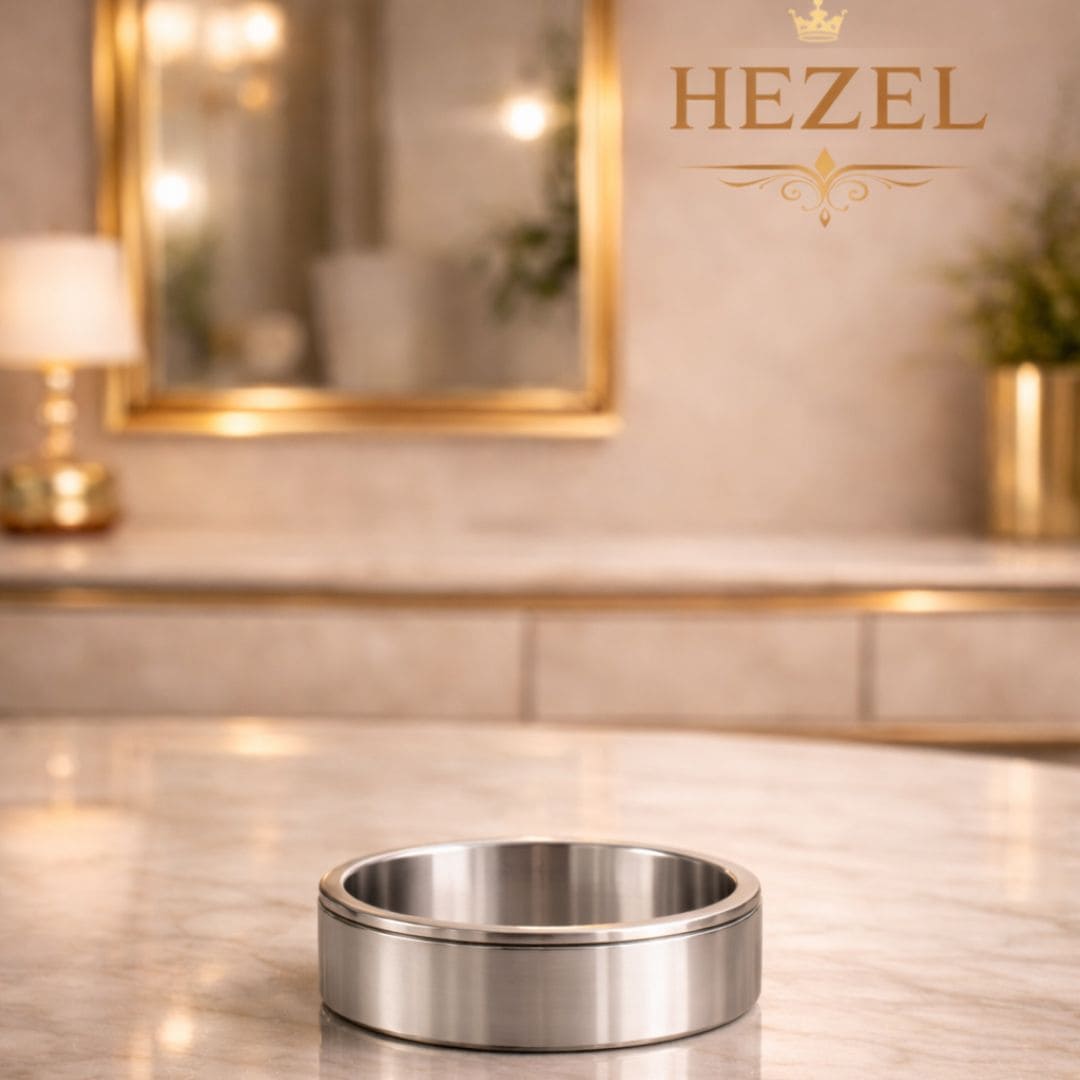 HEZEL minimalist silver band ring with dual groove design on reflective surface with premium gradient background
