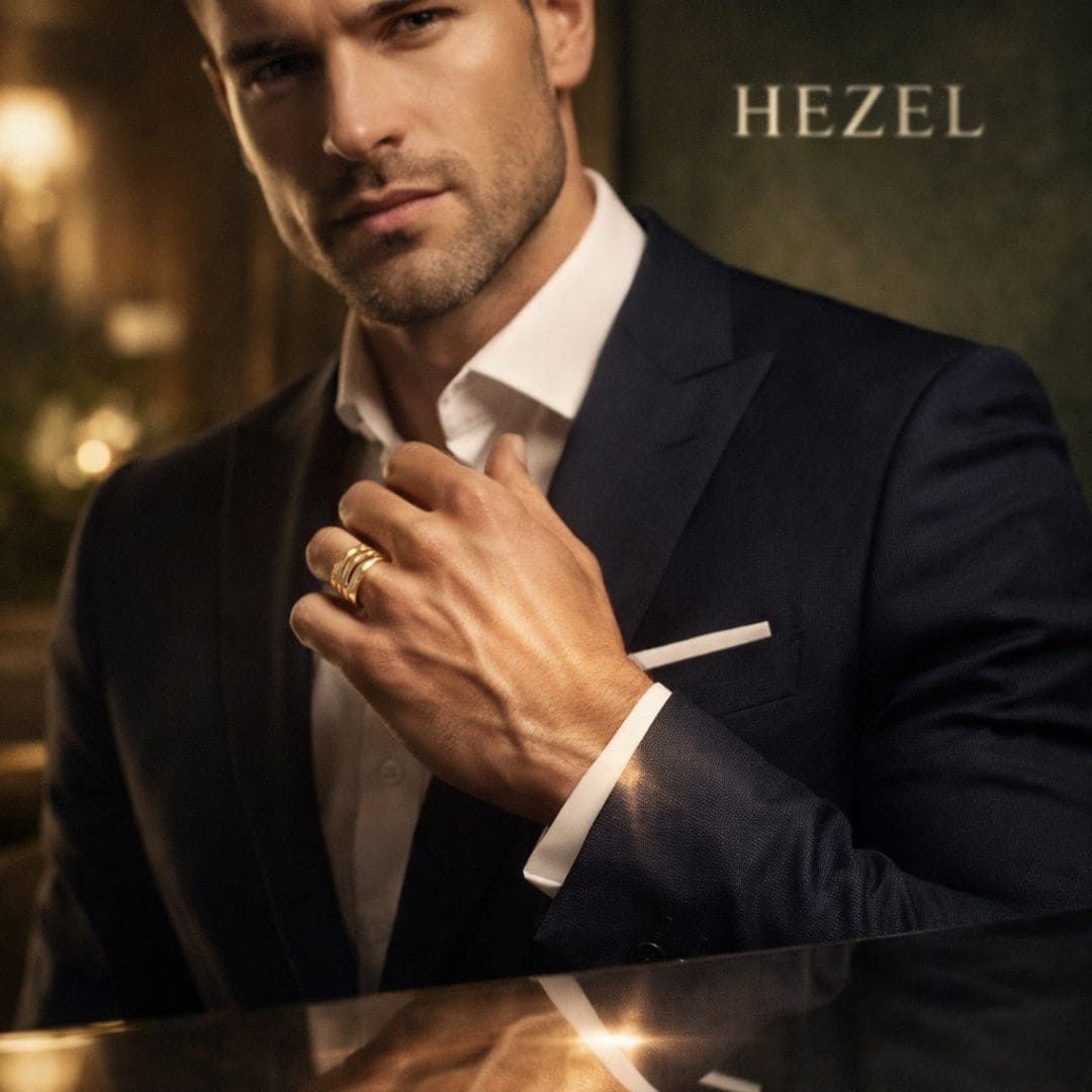 HEZEL gold band ring with multi-groove design worn by male model in formal suit with warm luxury background