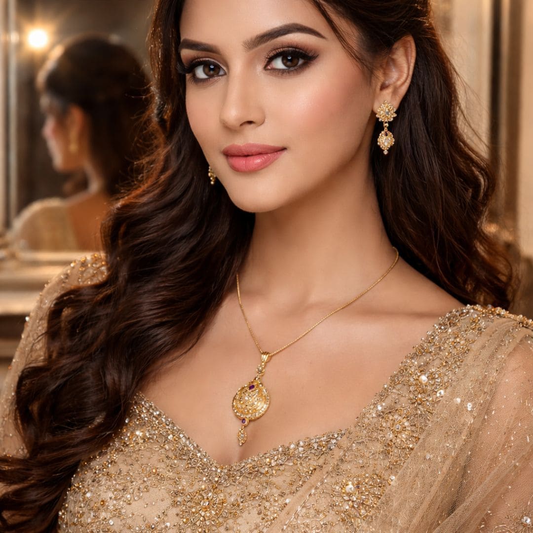 Model wearing an elegant HEZEL gold-tone pendant necklace and matching earrings with a luxurious embellished ethnic outfit and soft glam background.