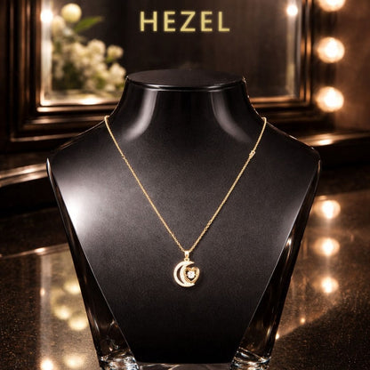 Hezel gold heart pendant necklace on black mannequin, elegant luxury jewelry with modern design