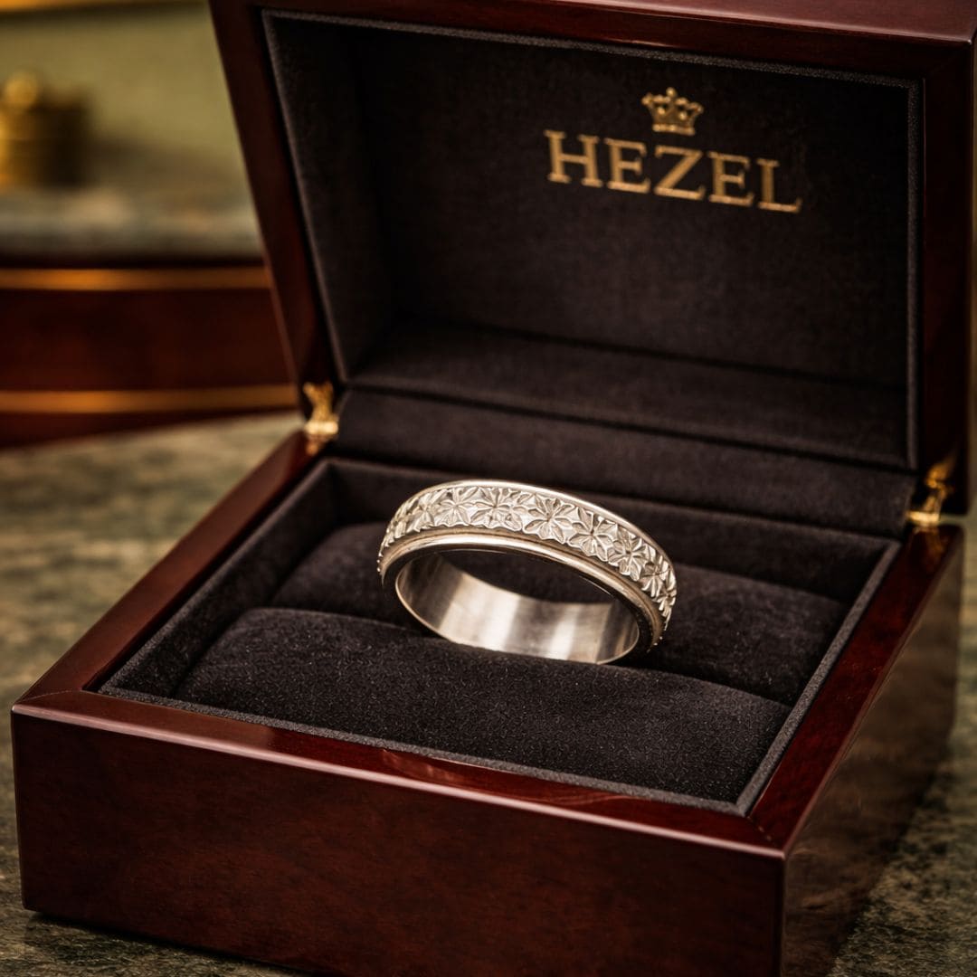 HEZEL textured silver band ring with intricate geometric pattern displayed in premium wooden jewelry box with velvet interior