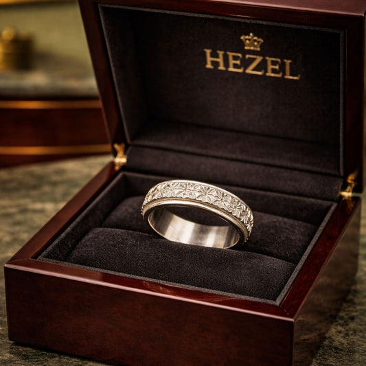 HEZEL textured silver band ring with intricate geometric pattern displayed in premium wooden jewelry box with velvet interior