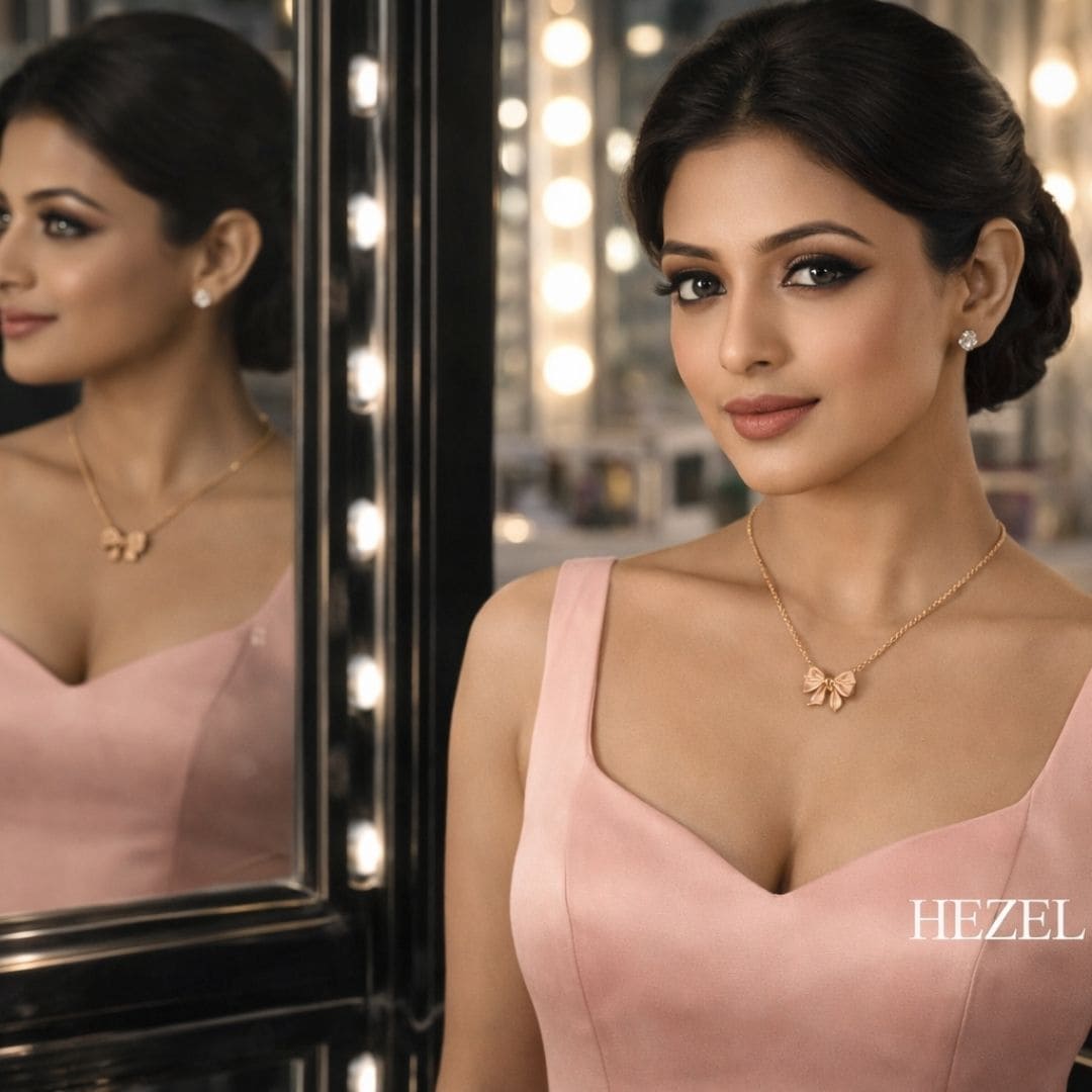 HEZEL butterfly pendant necklace worn by an elegant model in a blush pink dress, styled in a luxurious mirror setting with a delicate rose gold finish.