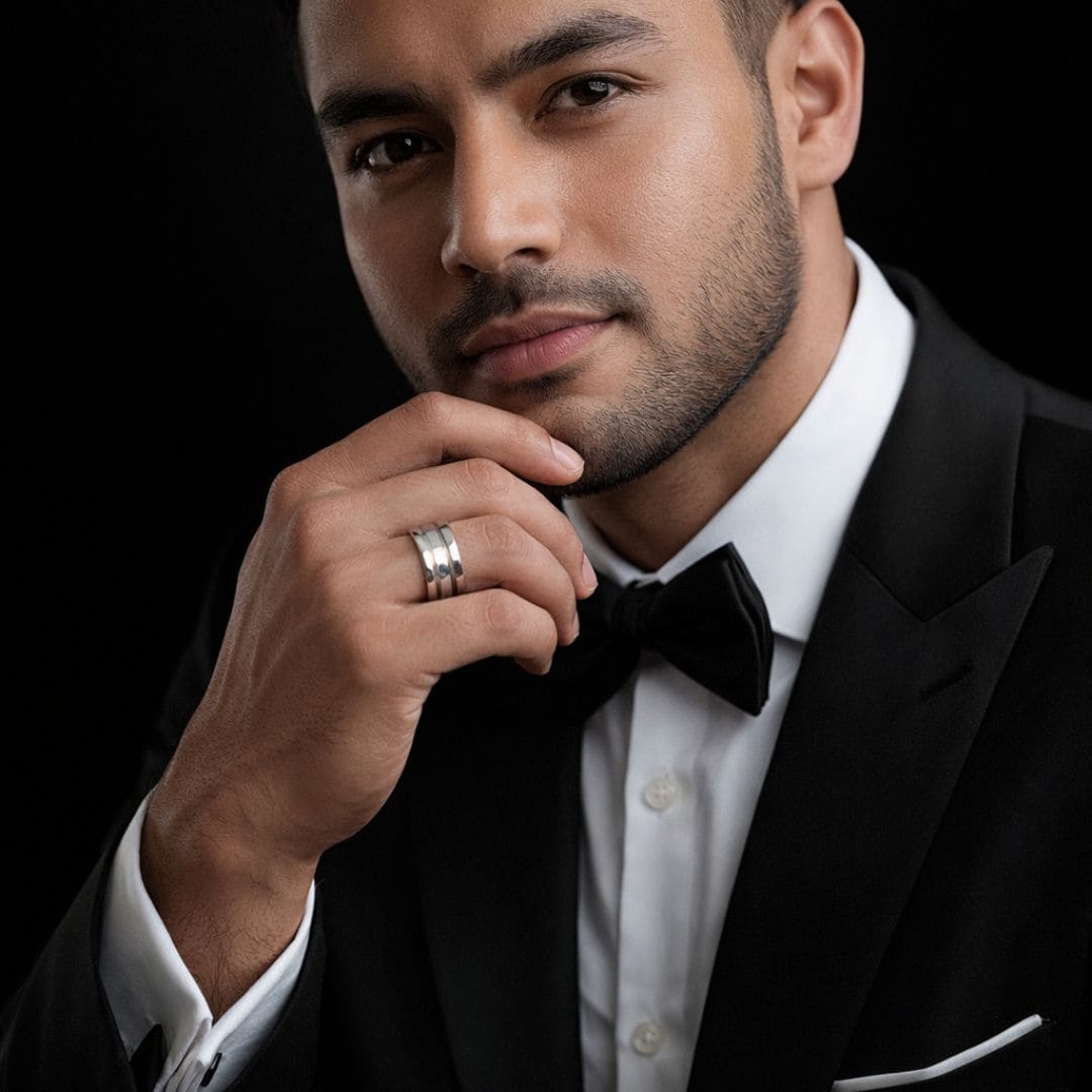 HEZEL minimalist silver band ring with dual groove design worn by male model in formal black tuxedo