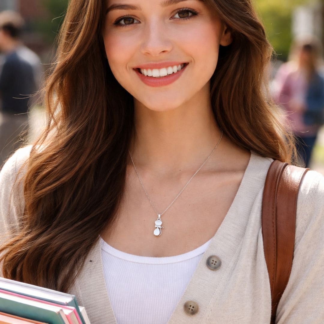 Model wearing HEZEL cat pendant necklace, minimal silver jewelry for everyday wear