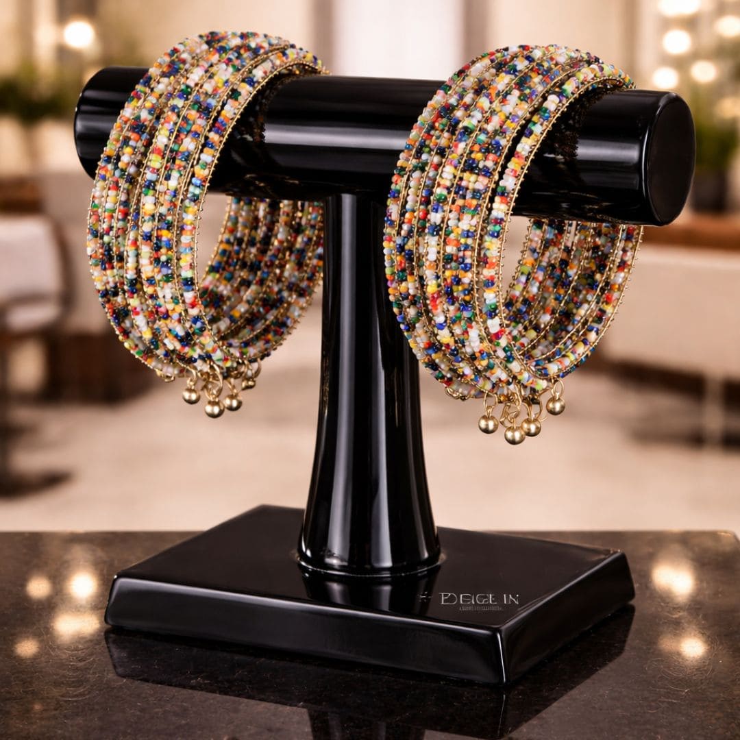 HEZEL multicolor beaded bangle set for women, vibrant traditional jewellery displayed on black stand, perfect for festive and wedding wear.