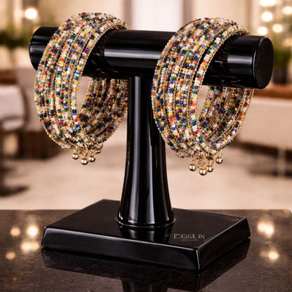 HEZEL multicolor beaded bangle set for women, vibrant traditional jewellery displayed on black stand, perfect for festive and wedding wear.