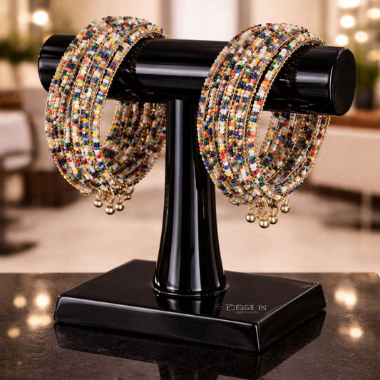 HEZEL multicolor beaded bangle set for women, vibrant traditional jewellery displayed on black stand, perfect for festive and wedding wear.