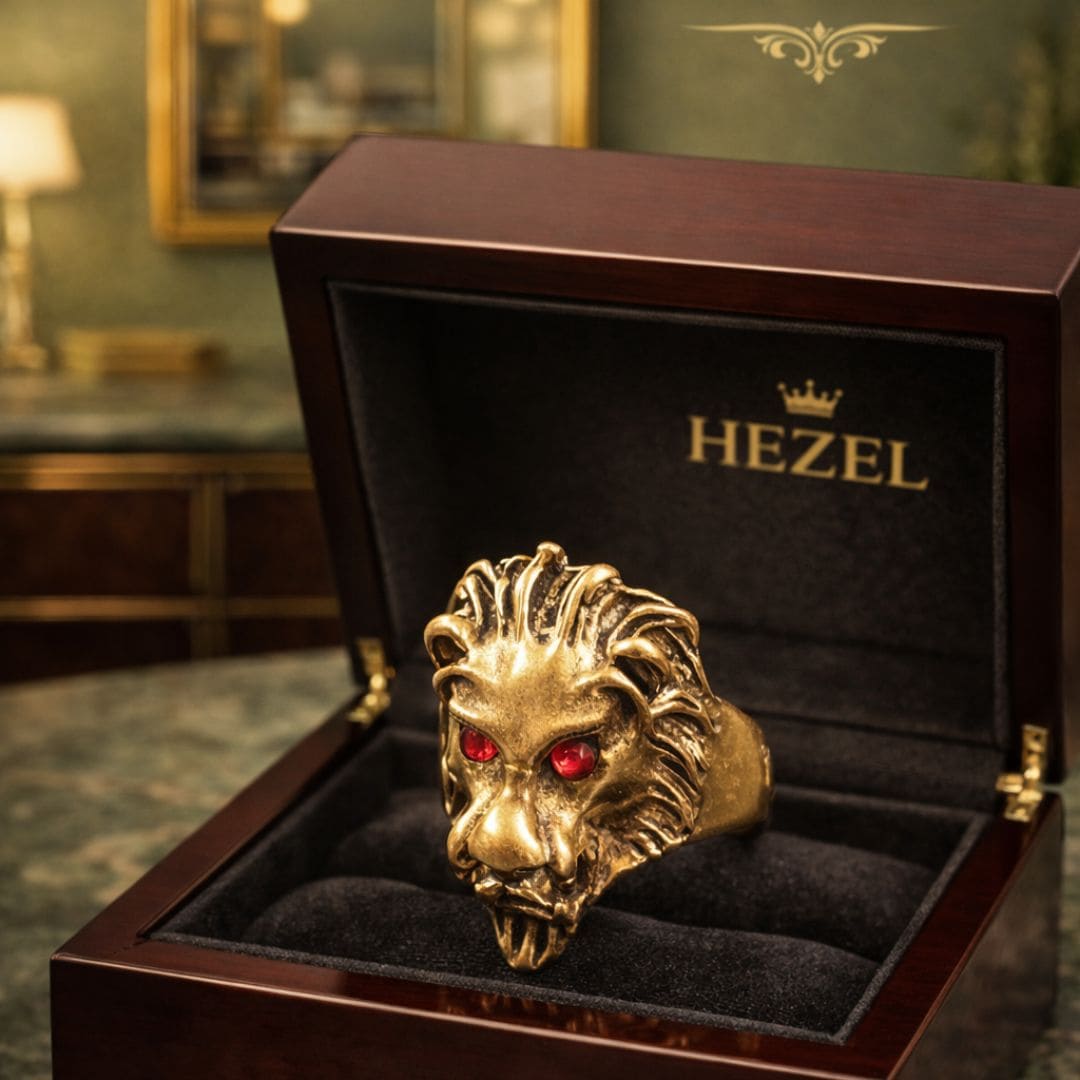 HEZEL bold lion head statement ring with red stone eyes in antique gold finish displayed in premium wooden jewelry box