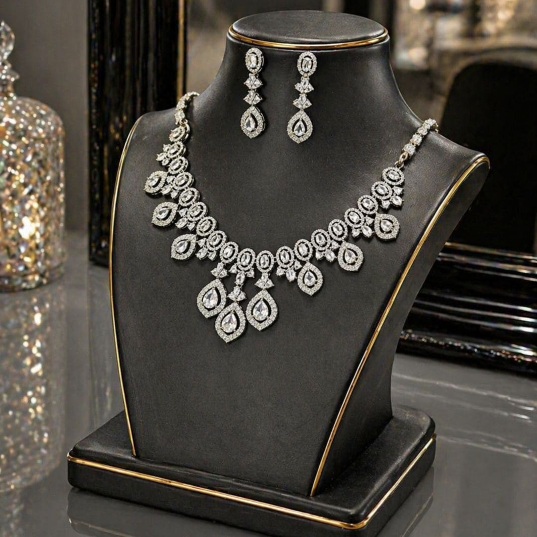 HEZEL silver teardrop bridal necklace set with matching drop earrings on elegant