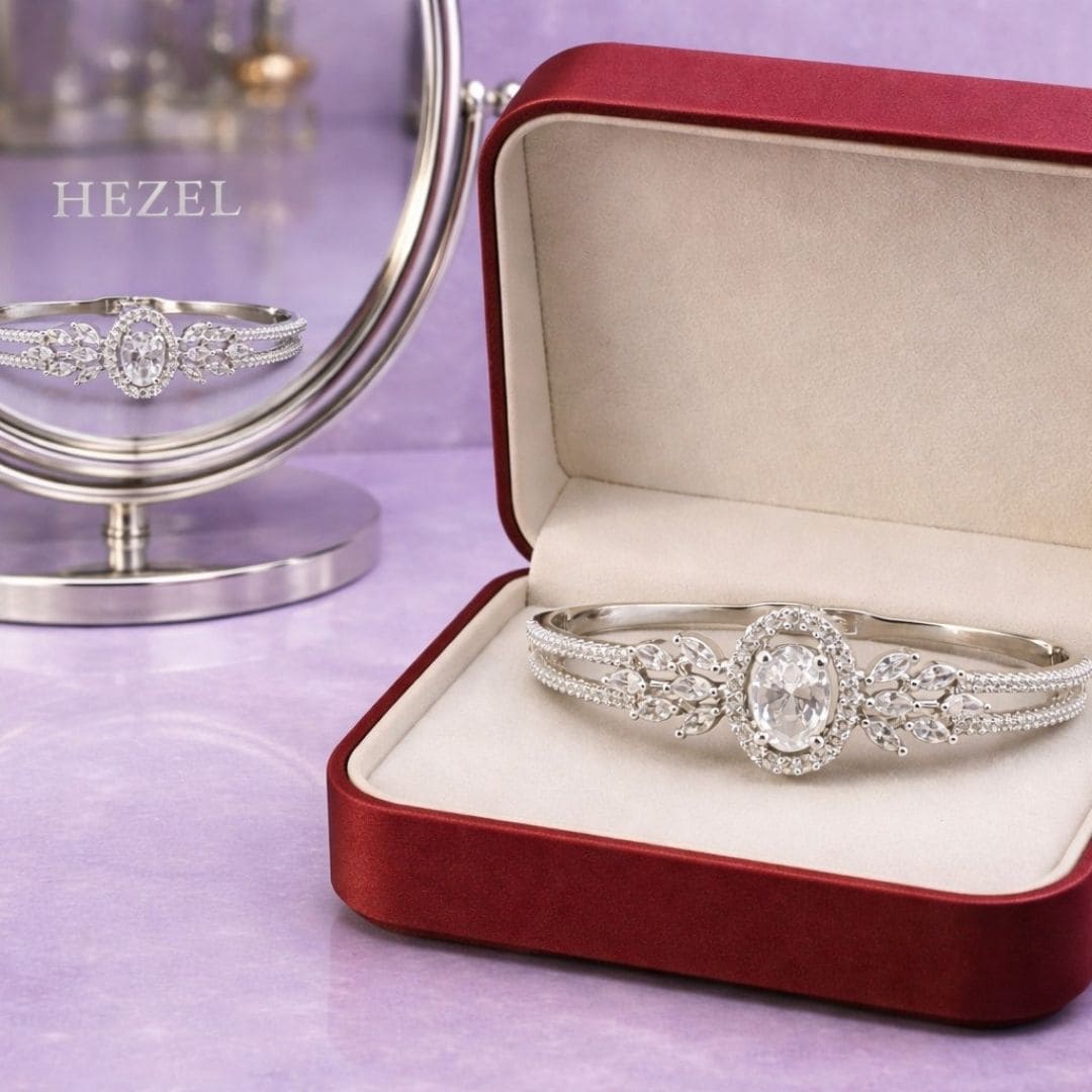 Luxury HEZEL bracelet elegantly displayed in a premium jewelry box with a sparkling silver-toned finish.