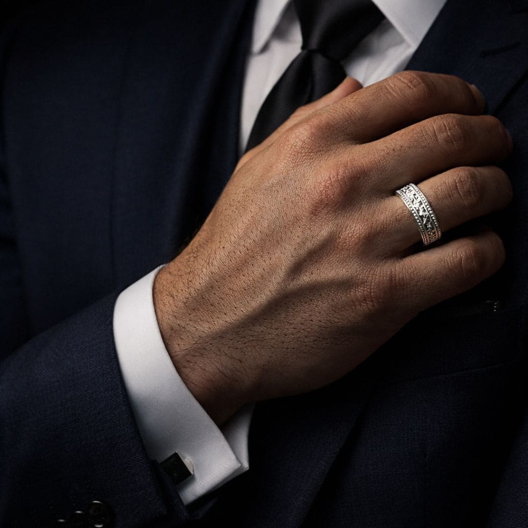 HEZEL textured silver band ring with intricate geometric pattern worn by male model in formal suit close-up