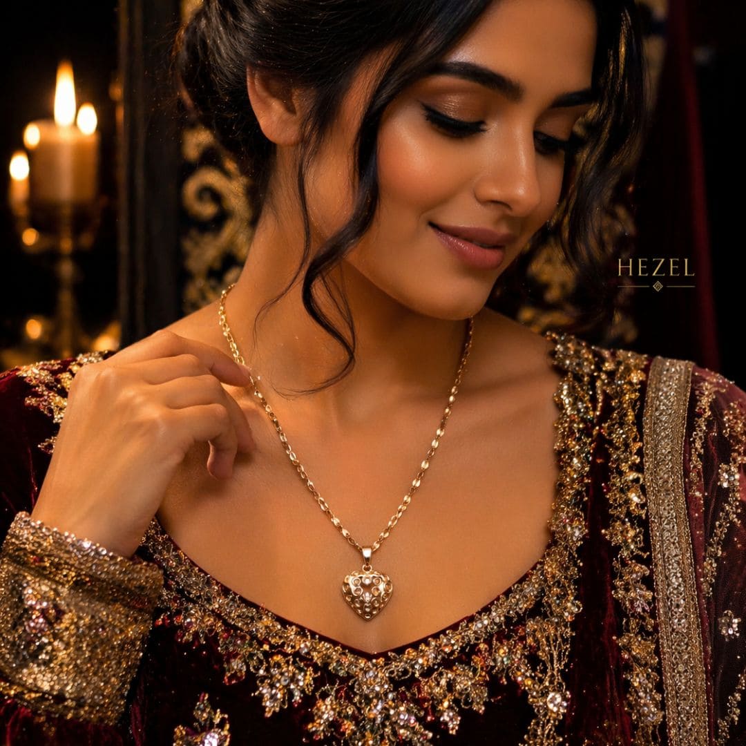 Elegant gold heart pendant necklace by HEZEL, styled with maroon embroidered ethnic wear, luxury minimal jewellery for wedding and festive occasions.
