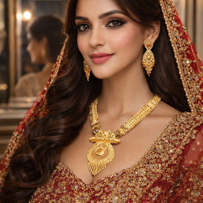 Elegant bridal gold necklace set with intricate detailing and matching earrings, styled in luxurious HEZEL fashion