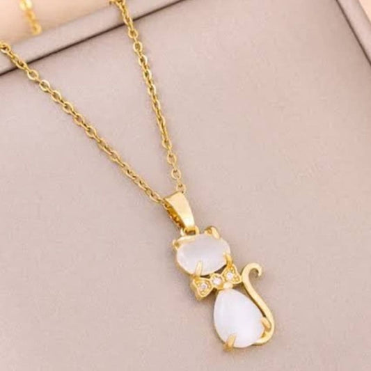 HEZEL gold cat pendant necklace with white stone detail, elegant minimal jewelry design