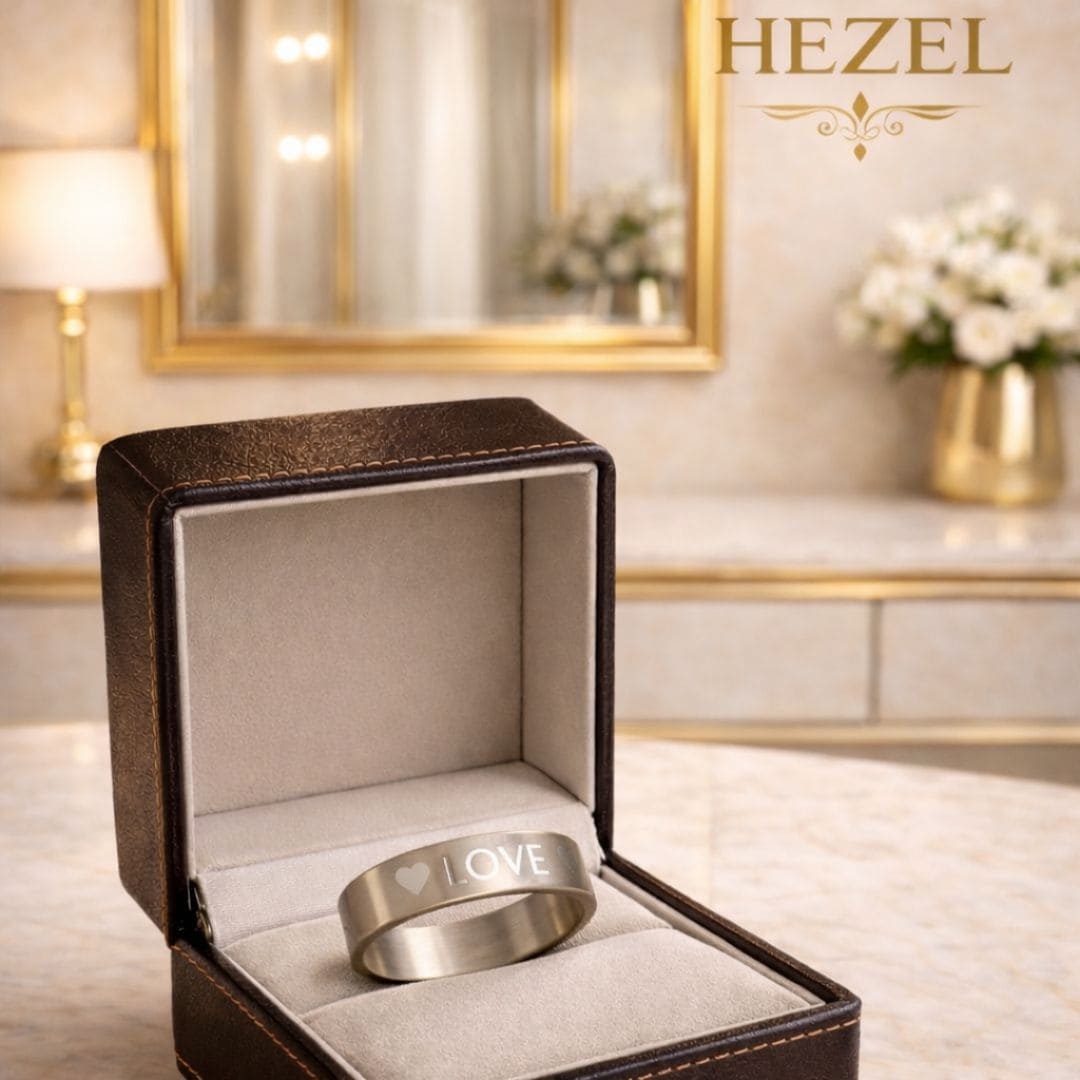 Silver LOVE engraved ring presented in an open luxury HEZEL jewelry box with a soft, elegant background.