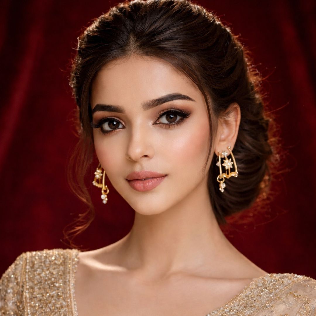 Hezel gold floral designer earrings worn by model with elegant makeup and red background