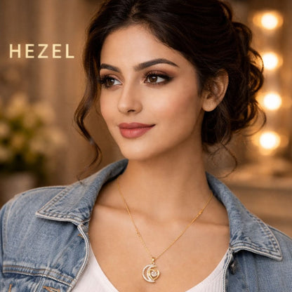 Hezel gold heart pendant necklace worn by model, elegant everyday jewelry with modern style