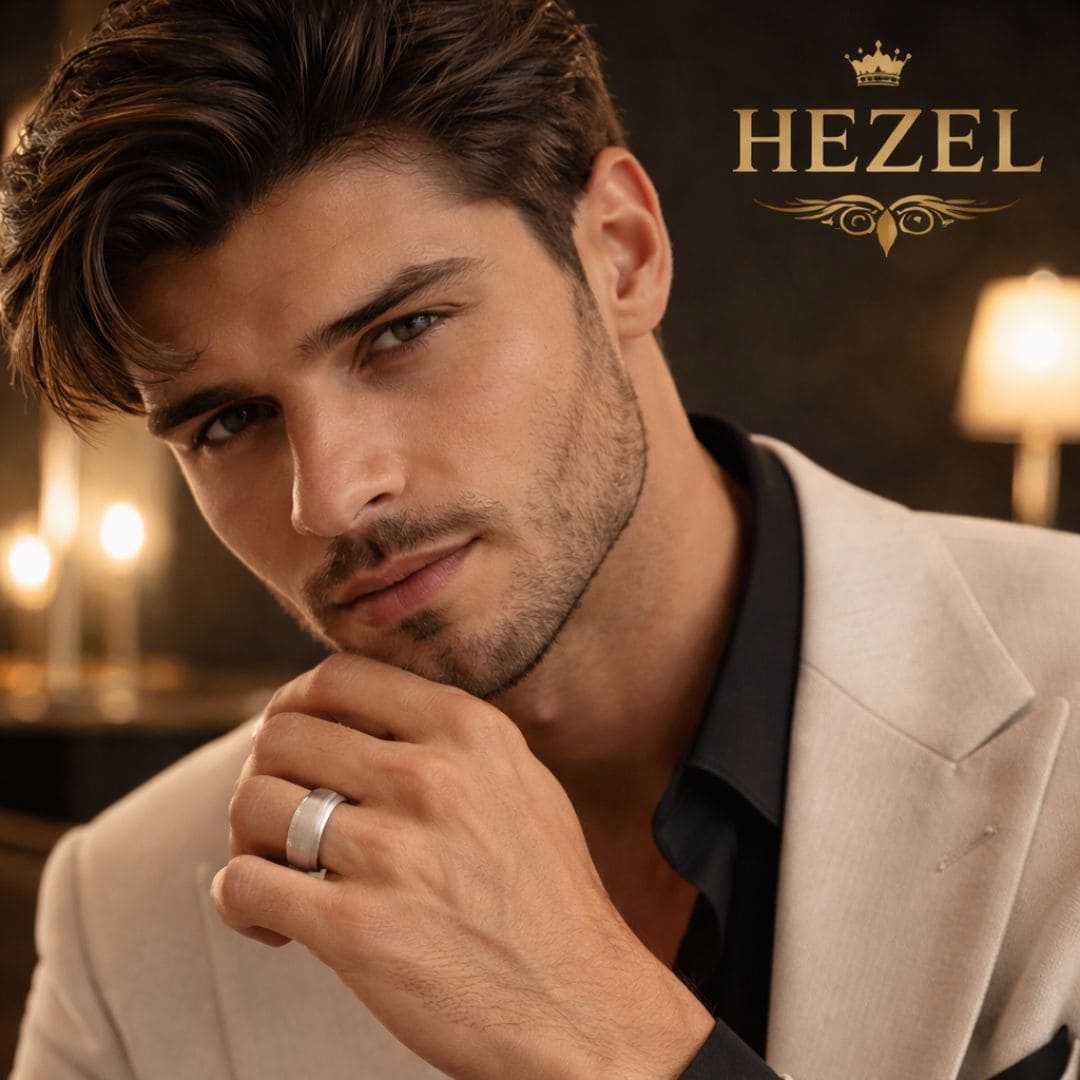 HEZEL minimalist brushed silver band ring worn by male model in premium suit with warm luxury background