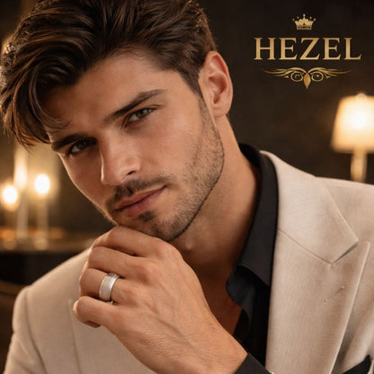 HEZEL minimalist brushed silver band ring worn by male model in premium suit with warm luxury background