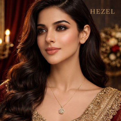 Hezel gold pendant necklace with floral design worn by model in elegant festive look