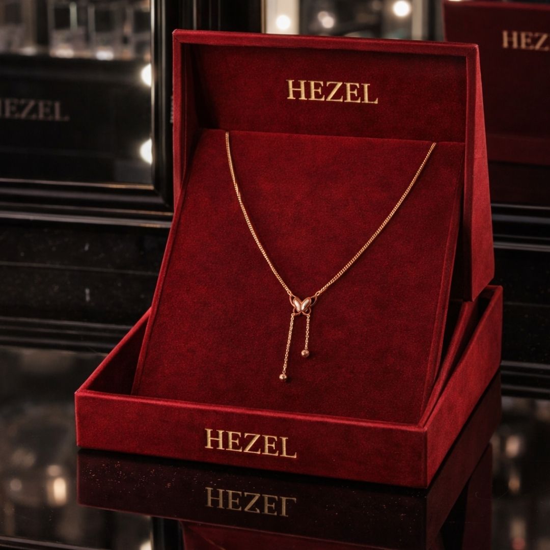 Hezel butterfly pendant necklace in premium red velvet luxury jewelry box.