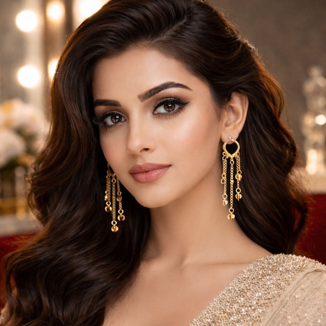 Hezel gold chain drop earrings for women with elegant party wear styling, glamorous makeup, and luxury fashion portrait.