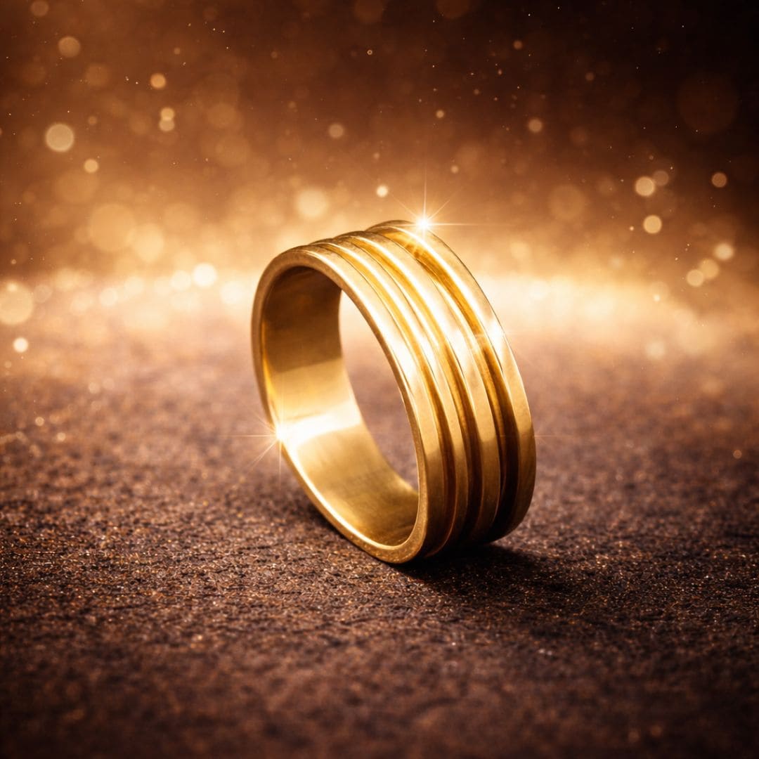 HEZEL gold band ring with multi-groove design on sparkling textured surface with warm luxury glow background